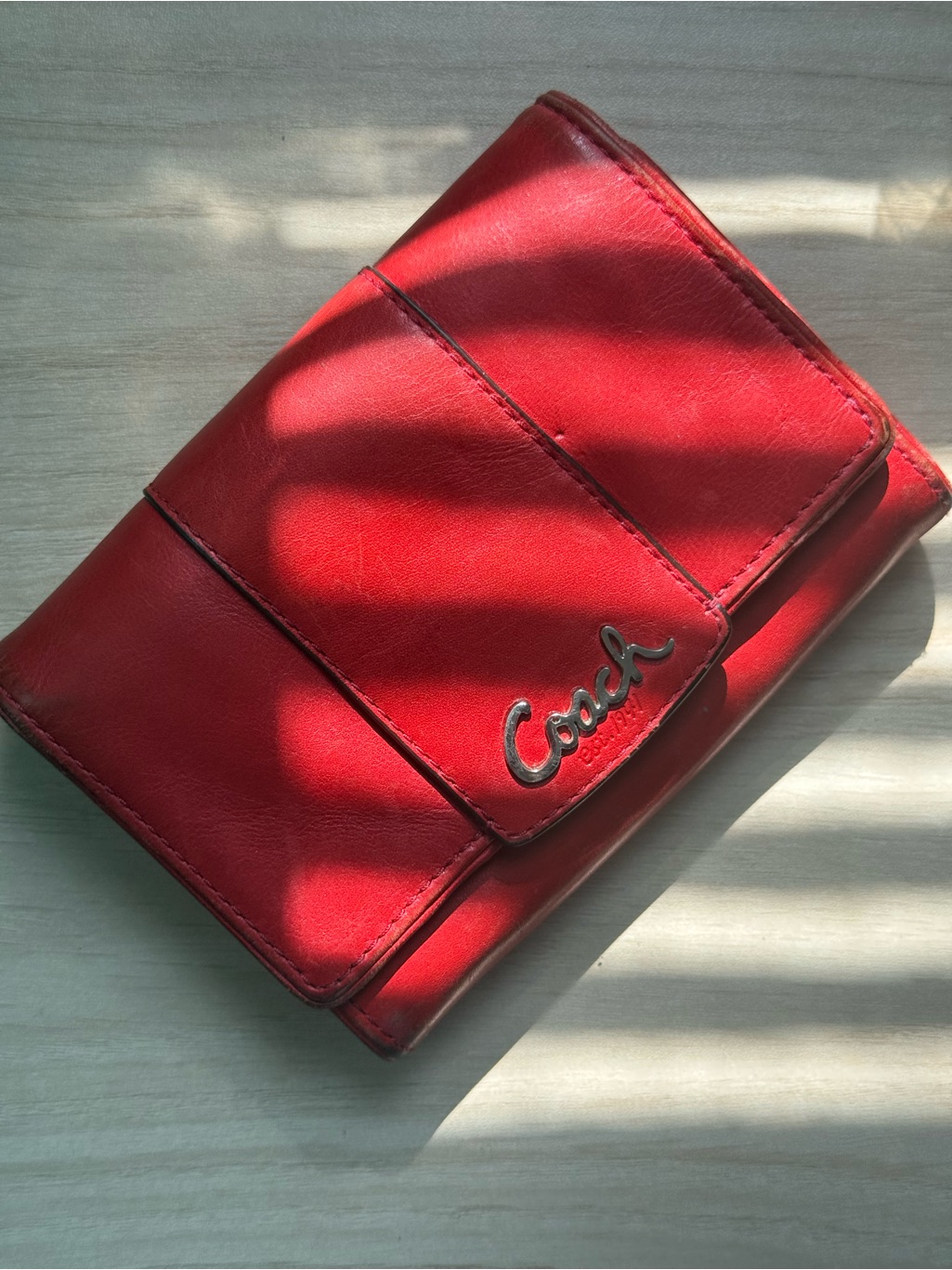 Coach Red Leather Trifold Wallet With Signature Script Logo